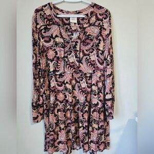 Knox Rose Paisley Print Long Sleeve Baby Doll Dress in Black and Pink